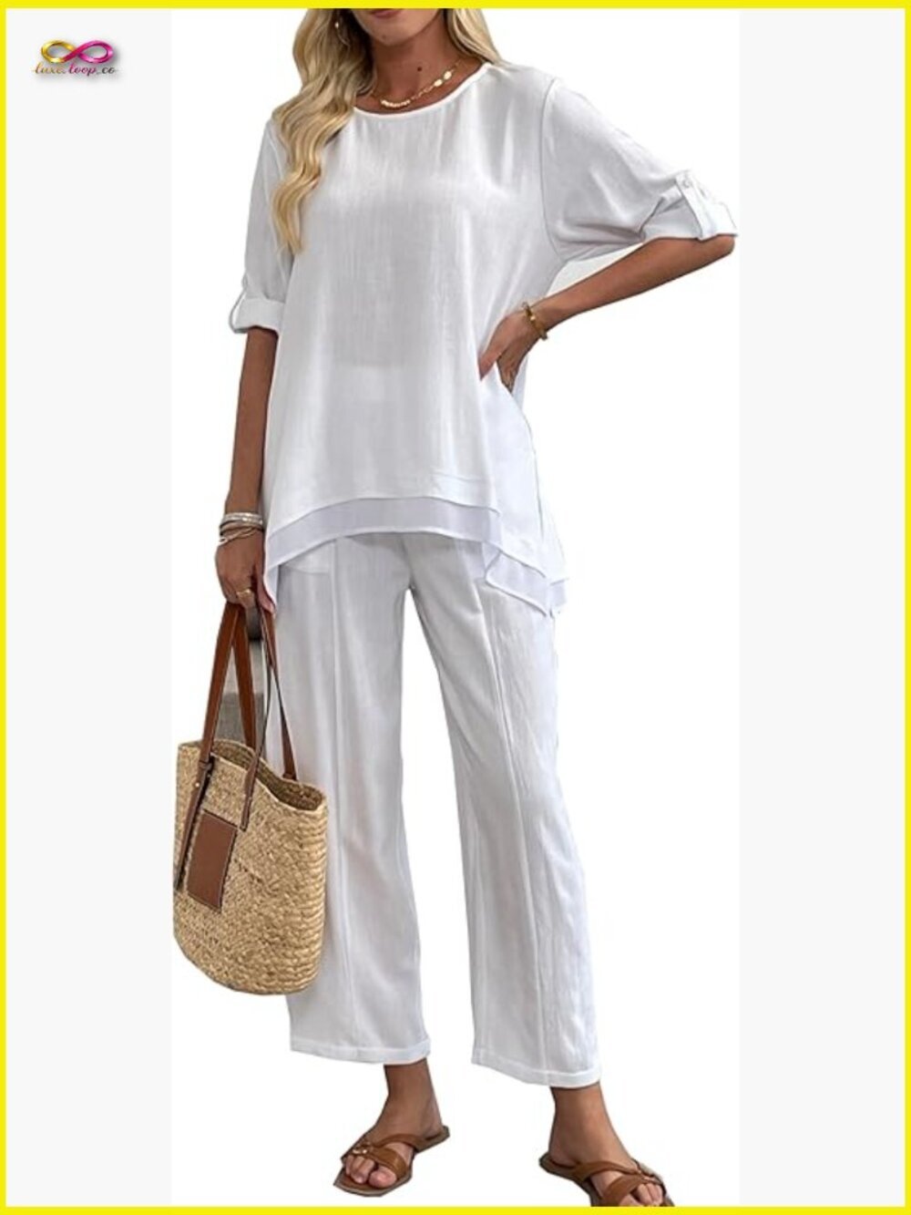 Linen Pant Set 2 Piece Outfit Wide Leg Trousers Rolled Sleeve Top Summer